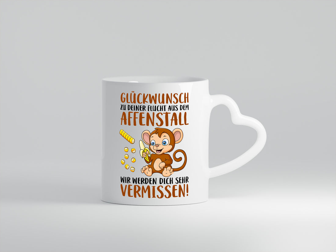 Glückwunsch zur Flucht | Affenstall | Arbeitskollegen - Herzhenkel Tasse - Kaffeetasse / Geschenk / Familie